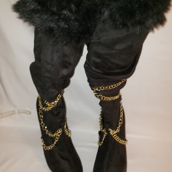 Black Knee High Chain Fur Suede Boots - Picture 3 of 4